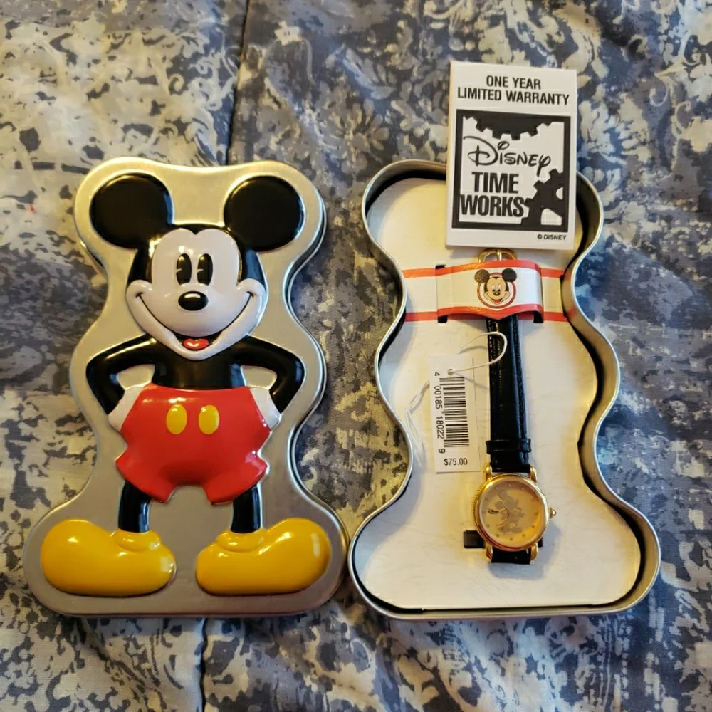 Disney Time Works Black And Gold Mickey Mouse Leather Watch In Mickey Mouse Tin